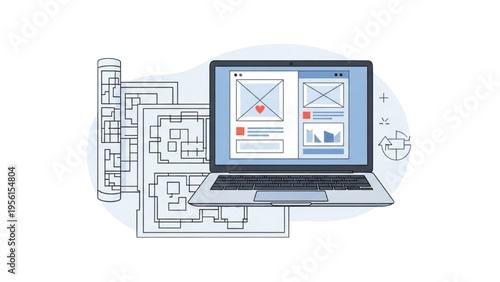 A laptop displays graphs and charts on a screen with technical blueprints surrounding it.
