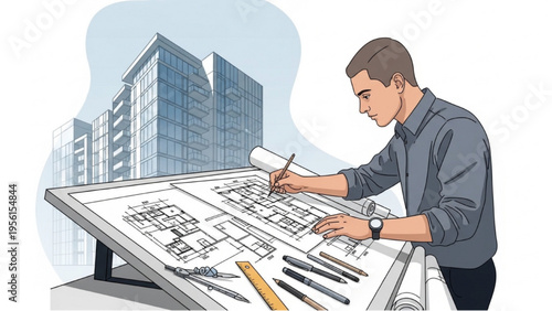 Man drawing blueprints on drafting table with city buildings background