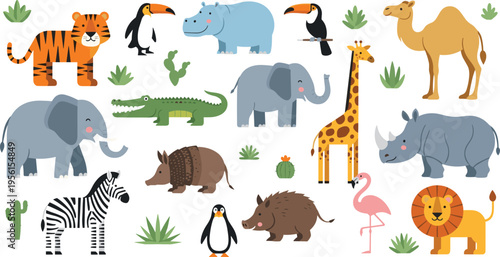 Cute Safari Animals Collection with Elephant Giraffe Zebra Lion Rhino Camel Crocodile Flamingo Cartoon Vector Set