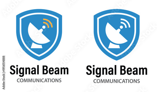 Signal Beam Communications Logo with Satellite Dish and Shield Icon for Secure Wireless Networking, Satellite Internet Services, and Telecommunications Security 