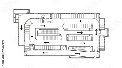 A detailed illustration of a building's interior layout shows multiple corridors and rooms with arrows indicating directions.