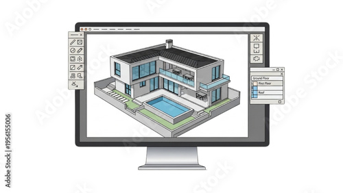 A computer screen displays a 3D architectural illustration of a modern house with a pool.