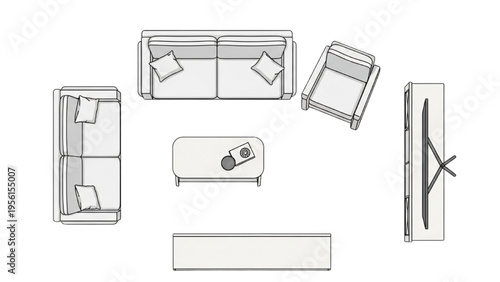 A detailed illustration of furniture layout plan showing sofa, armchair, coffee table, TV, and sectional