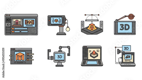Various devices displaying 3D models and designs on screens in a technology lab