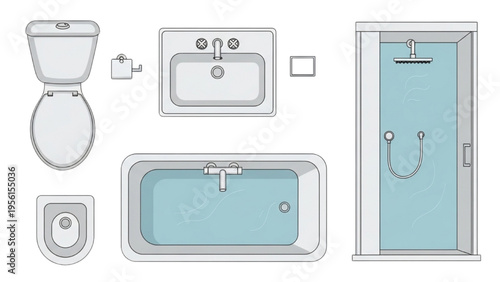 Bathroom fixtures including toilet, sink, shower, and bathtub are displayed.