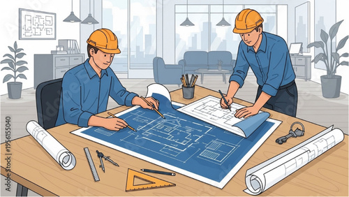 Two workers review blueprints together on a wooden desk in an office