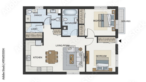 A detailed floor plan illustration of a modern home's interior layout