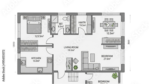 A detailed floor plan illustrates a modern apartment's interior layout and furniture arrangement