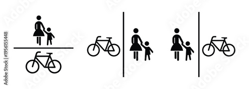 Shared Pedestrian and Bicycle Path Icons Set Black Glyph Vector with Divided and Combined Layouts