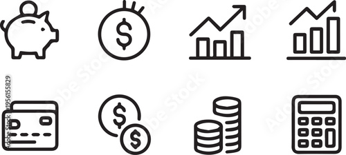 vector file. Financial profit set of web icons in line style. Money income linear icon collection. Containing money savings, finance, growth, investment, payment, earnings, management and more. 