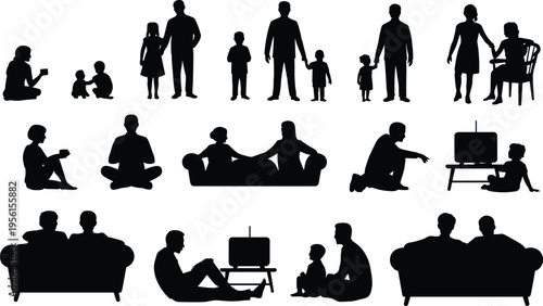 Family silhouettes, parents with children, sitting together, watching television, domestic life, bonding icons, leisure activity, home illustration, generational design, vector art