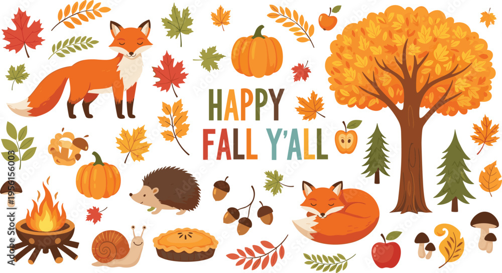 Obraz premium Autumn Fall Collection with Fox, Pumpkin, Acorns, Leaves, and 