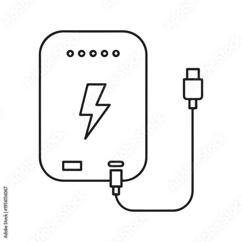 Power bank line icon. Portable battery charger with usb cable and lightning bolt symbol vector illustration.
