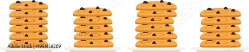 Chocolate Chip Cookie Stack Illustration Set with Fresh Baked Biscuits on Plates for Dessert Design, Bakery Branding, Sweet Snack Graphics, and Food Concepts
