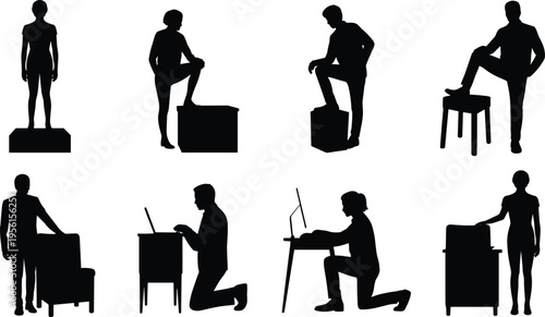 Human silhouettes, standing poses, desk work, laptop use, ergonomic study, posture icons, everyday activity, object interaction, workplace design, vector art