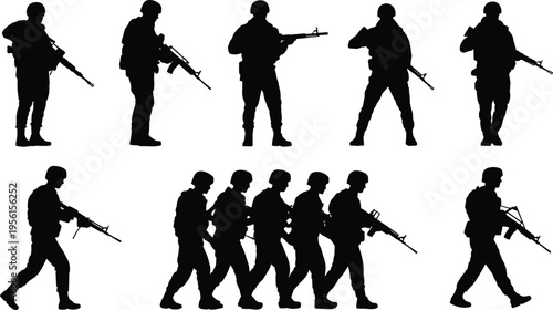 Military soldier silhouettes, armed forces, rifle stance, walking formation, tactical gear, combat readiness, defense icons, war figures, army illustration
