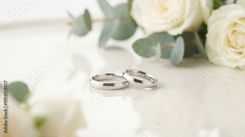 Elegant silver wedding ring jewelry shines beautifully beside white rose flower, evoking romantic feelings of true love. Soft background blur creates joyful and peaceful wedding celebration vibe