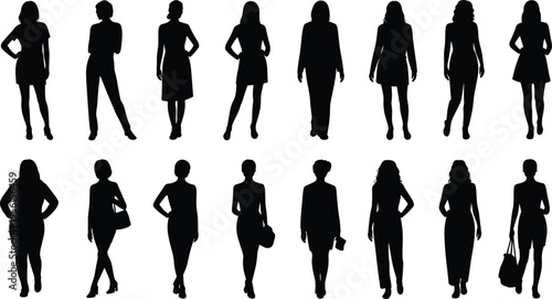 Women silhouettes, fashion poses, stylish female figures, handbag illustration, diverse body shapes, posture art, fashion design concept, black silhouette collection