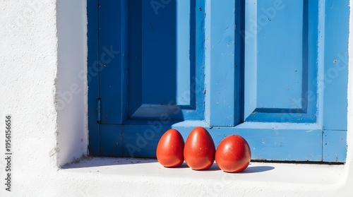 Greek Red Easter Eggs by Traditional Blue Santorini Door
