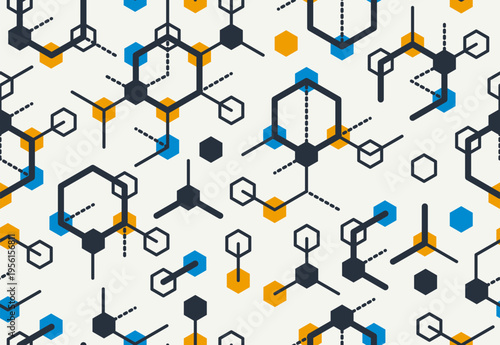 Molecules seamless background, vector tiling endless repeat pattern with different molecules, chemistry and pharmacology theme, elements easy to use separately as an icons or illustrations.