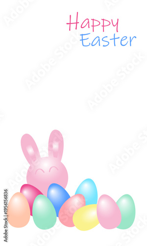 Happy Easter vertical banner with colorful eggs and  bunny silhouette on a white background.