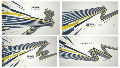 Entropy concept vector abstract background set with debris flying in chaos, destruction theme wallpaper, exploded pieces disorder 3D design