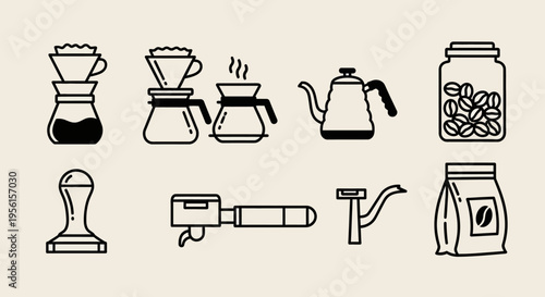 Collection of coffee brewing equipment and accessories, including pour-over drippers, kettles, tampers, and coffee bean containers.