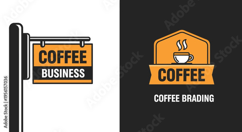 Two distinct coffee business branding examples, one a hanging sign and the other a logo with a coffee cup.