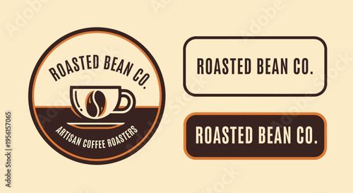 A set of three "Roasted Bean Co. Artisan Coffee Roasters" logos, featuring a coffee cup with a bean inside, in circular and rectangular formats.