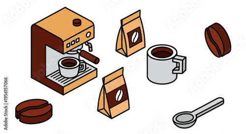 Isometric illustration of a coffee machine, coffee beans, bags of coffee, a cup, and a spoon, representing a coffee-making process.