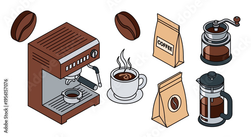 Isometric illustration of coffee-making equipment, including an espresso machine, coffee grinder, French press, coffee beans, and a steaming cup of coffee.