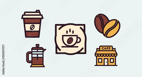 A collection of stylized icons representing coffee culture, including a takeaway cup, French press, coffee beans, a steaming cup, and a cafe building.