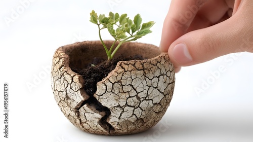 A hand gently touches a small green plant growing out of a cracked and dry pot