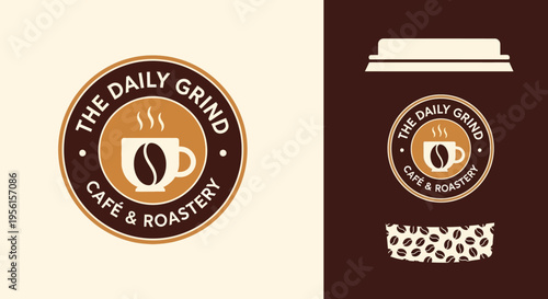 A circular logo for 'The Daily Grind Cafe & Roastery' featuring a coffee cup with a bean and steam, presented in two variations.