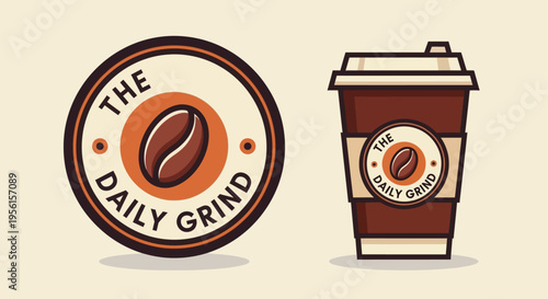 A circular logo and a disposable coffee cup featuring the text "The Daily Grind" and a coffee bean graphic.