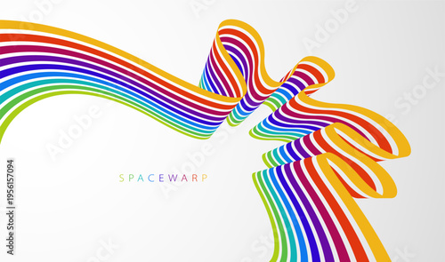 Rainbow colored lines in 3D perspective vector abstract background, curve stripes tapes happy positive emotion wallpaper, joyful warped ribbon.