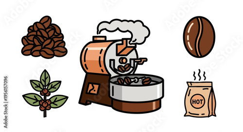 A collection of illustrations depicting the coffee-making process, from bean to bag, including a coffee plant, roasted beans, a roaster, and a hot coffee bag.