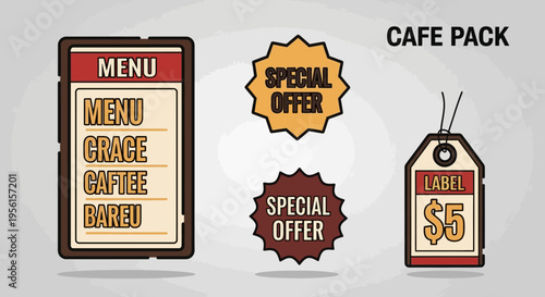 A collection of cafe-themed graphic elements including a menu board, special offer stickers, and a price tag.