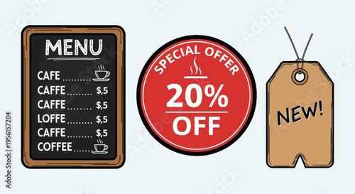 A chalkboard menu, a red circular special offer sign, and a brown tag with the word "NEW!" are displayed against a light blue background.