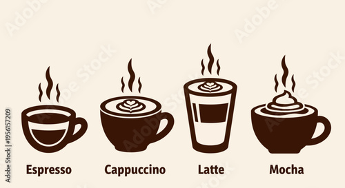 A collection of four steaming coffee drinks, including espresso, cappuccino, latte, and mocha, presented in a stylized illustration.