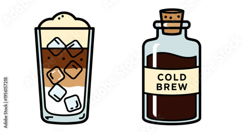 Two illustrations of cold brew coffee: a layered iced coffee drink in a tall glass and a bottle labeled 'Cold Brew'.