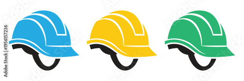 Construction Safety Hard Hat Icons in Blue, Yellow, and Green for Industrial Worksite Safety, Engineering Equipment, and Labor Protection Branding
