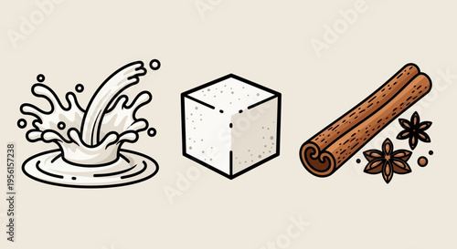 Illustration of milk splashing, a sugar cube, and cinnamon sticks with star anise, representing ingredients for a beverage.
