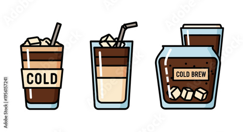 Three distinct illustrations of cold brew coffee drinks, showcasing layered beverages with ice and straws in various glass containers.
