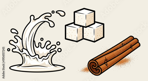A splash of milk, sugar cubes, and cinnamon sticks, representing ingredients for a beverage or dessert.