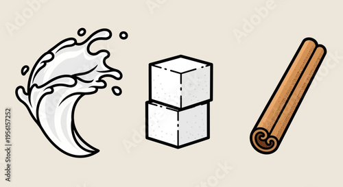 A splash of milk, two sugar cubes, and a cinnamon stick, representing ingredients for a beverage or dessert.