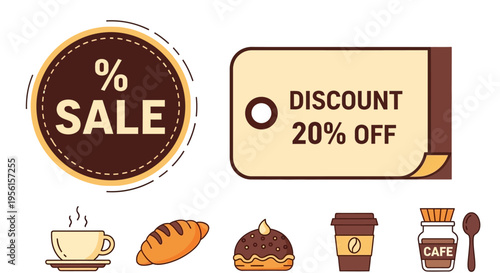 A collection of sale and discount tags alongside various food and drink items, including coffee, bread, and pastries.