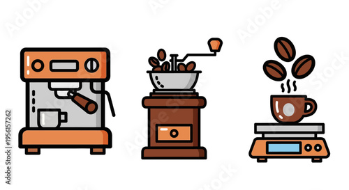 Three distinct icons representing coffee preparation: an espresso machine, a manual coffee grinder, and a digital scale with a steaming cup of coffee.