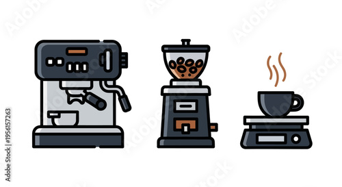 Three icons representing coffee making: an espresso machine, a coffee grinder, and a scale with a steaming cup of coffee.