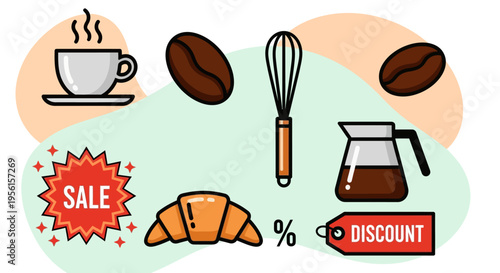 A vibrant collection of coffee shop essentials, including a steaming cup, coffee beans, a whisk, a coffee pot, a croissant, and sale/discount tags.